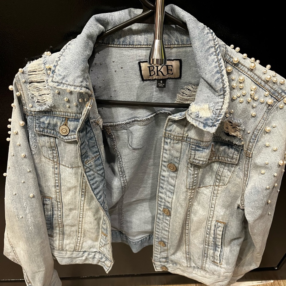 BKE Denim Jacket with Pearl Accents